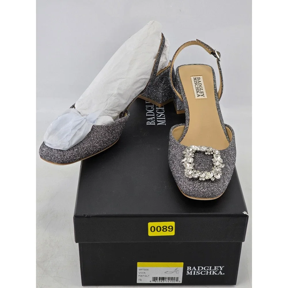 Badgley Mischka Vivia Slingback Pump Womens 7.5 Pewter Glitter Crystal - NEW
